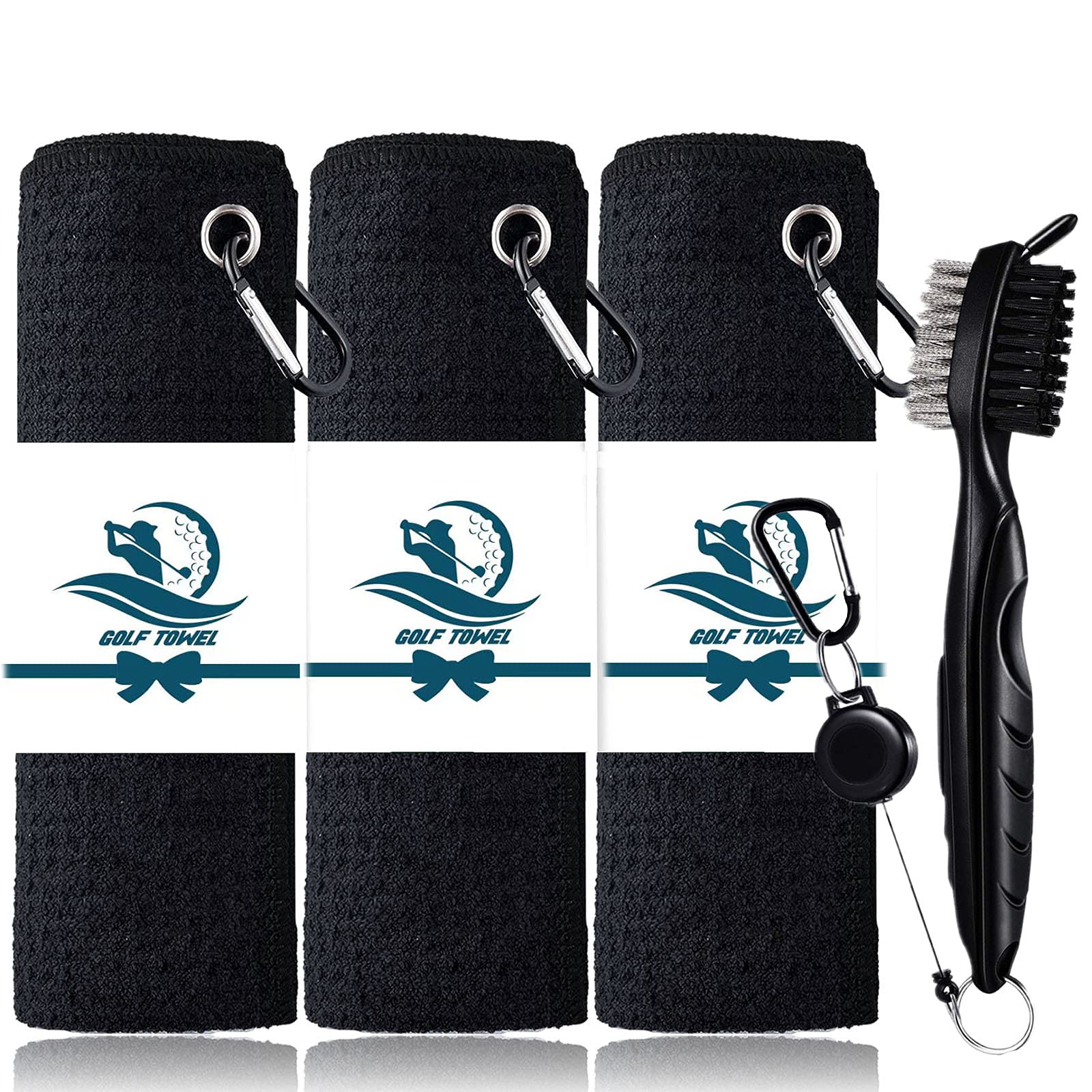 FINGER TEN Golf Towels 3 Pack Microfiber Fabric Waffle PatternTri-Fold 16“x16”with Golf Club Brush Tool Value Set, Golf Cleaning Towel Superior Water Absorption and Quick Dry (Black)