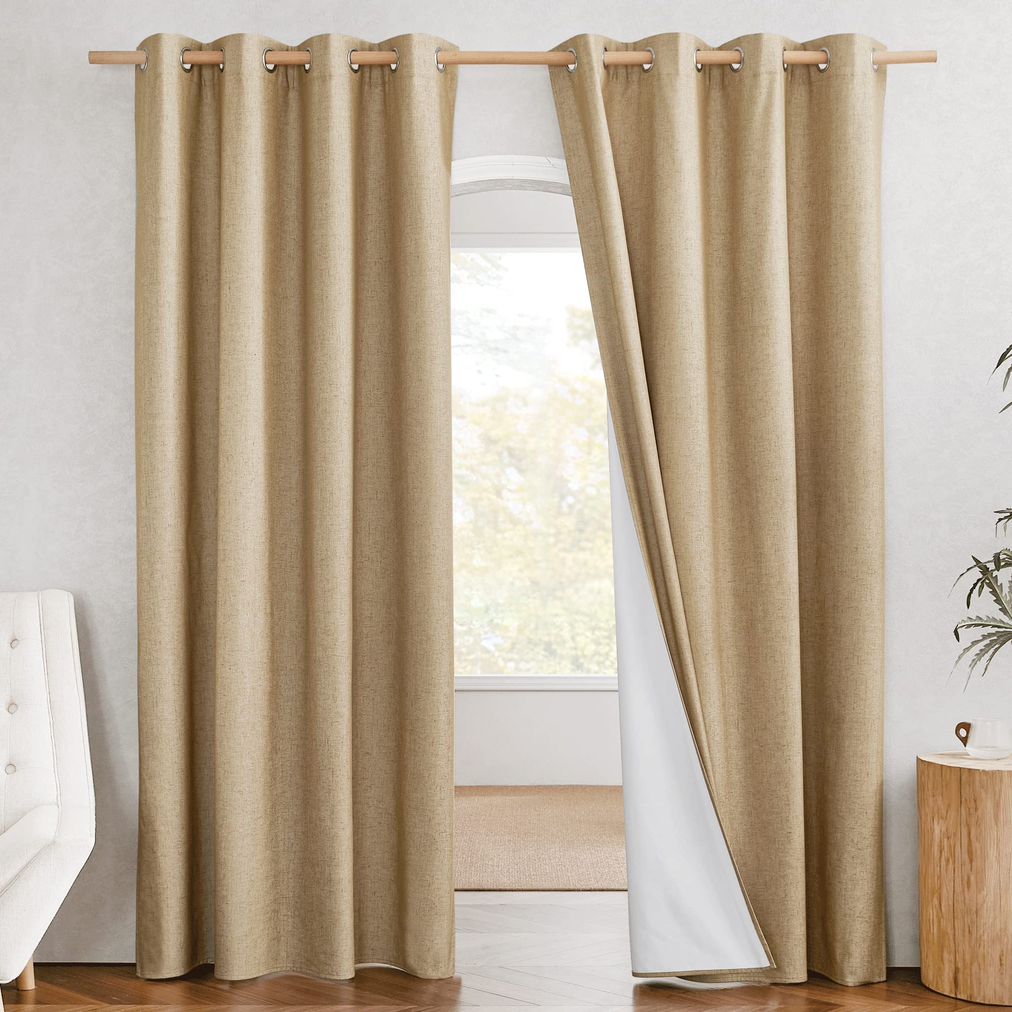 PONY DANCE Linen Bedroom Curtains Energy Saving 100% Blackout Thermal Door Curtains with Eyelets 213 cm Blackout Curtains for Study Living Room Camel 132 cm Wide 2
