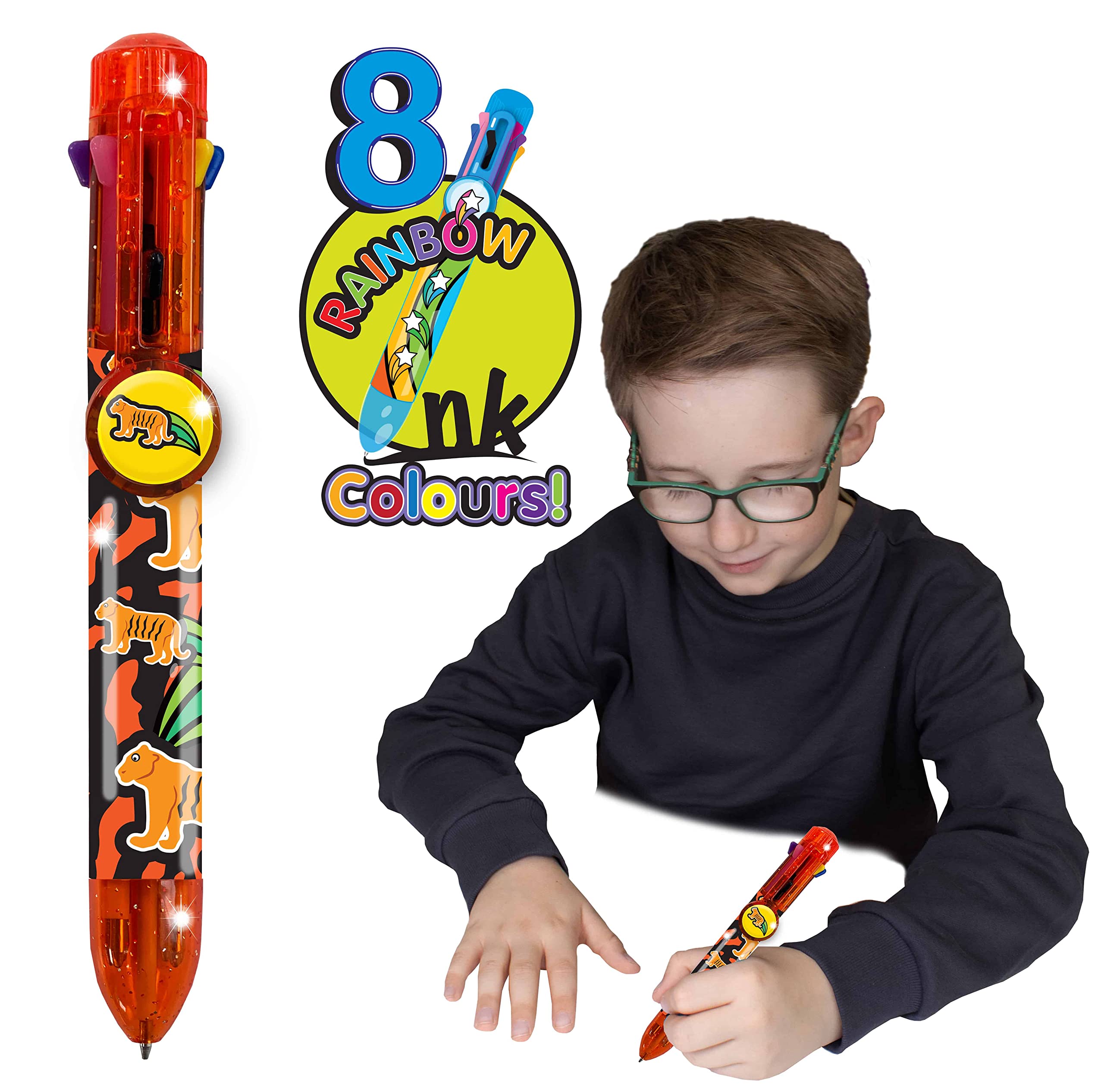 Rainbow Writer - Tiger Pen by Deluxebase. 8-in-1 Multicolour Retractable Ballpoint Pen with a Red Glitter Barrel, Fun Novelty Kids Stationery, School Supplies or Party Bag Filler.