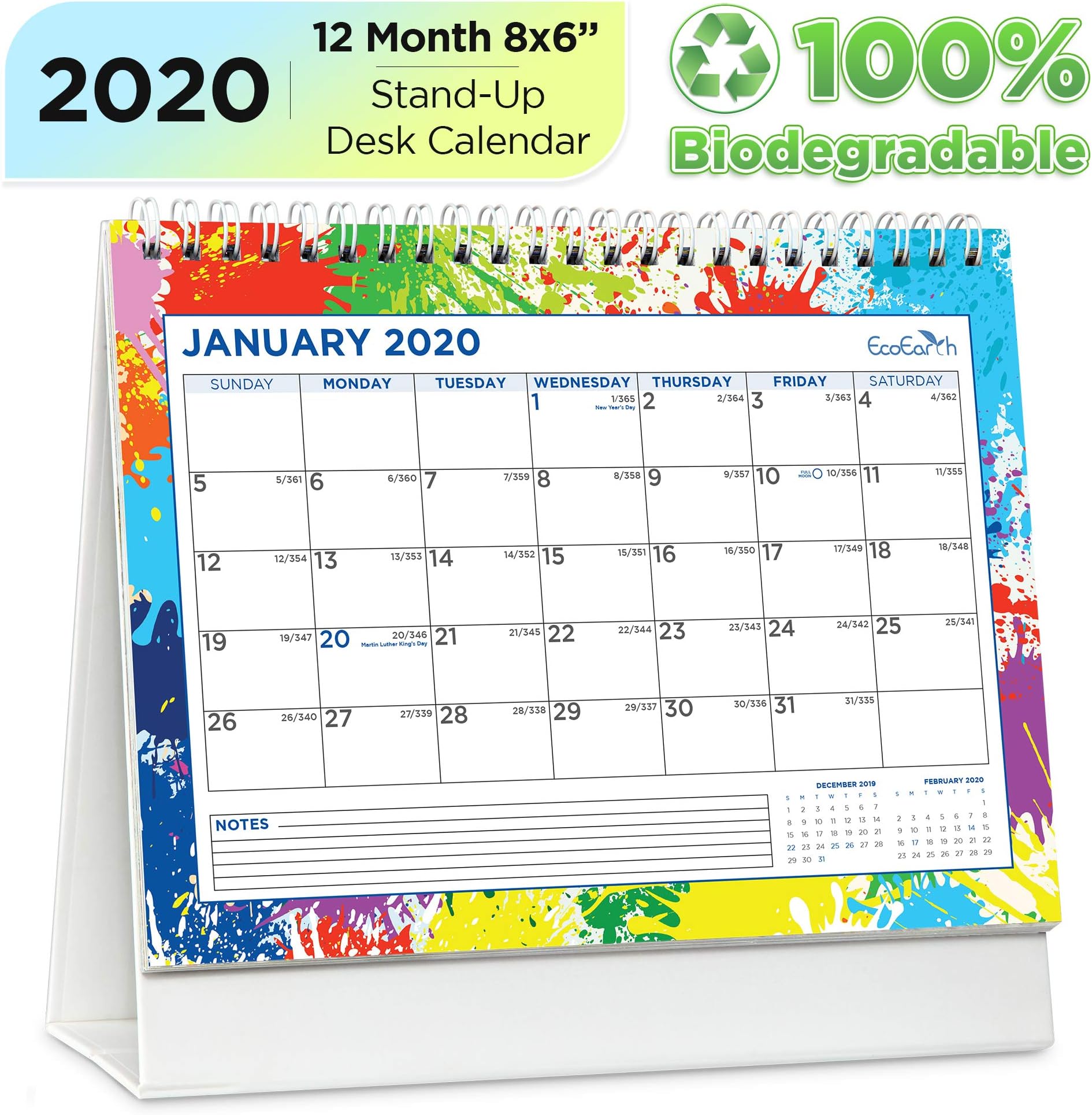 EcoEarth Biodegradable 8x6 Inch Standing Desk Calendar, 2020 Calendar Year Monthly Tent Style Flip Calendar, Vivid Art Design