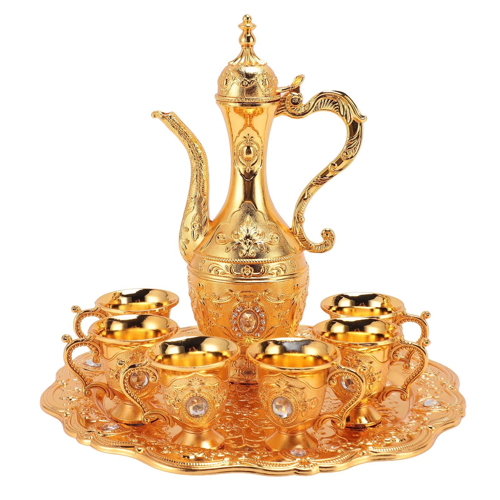 Turkish Tea Set with Teapot and Tray, Vintage Coffee Cup Set Turkish Coffee Set Metal Saucer Tea Service Set for Adults(Gold)