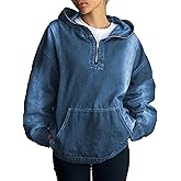 Aomice Women's Half Zip Denim Hoodie Pullover Sweatshirt Jean Jacket with Pocket