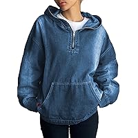 Denim フーディトップス TOPSRANI Womens Plus Size Half Zip Up Denim Hoodie Casual Jean