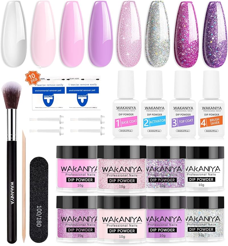 Wakaniya 8 Color Clear Pink Glitter Dip Powder Nail Set Starter Kit Base Top