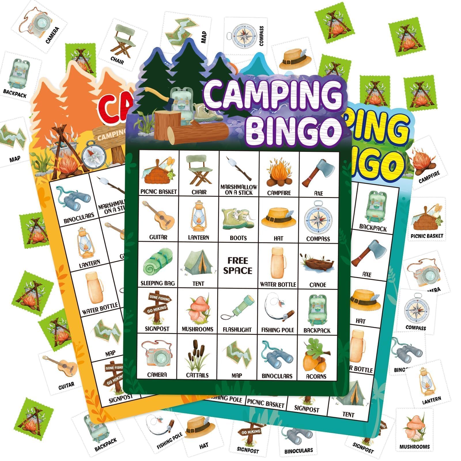 Photo 1 of Fancy Land Camping Bingo Game for Kids 24 Players Die Cut Outdoor Adventure Game Summer Graduation Party Supply