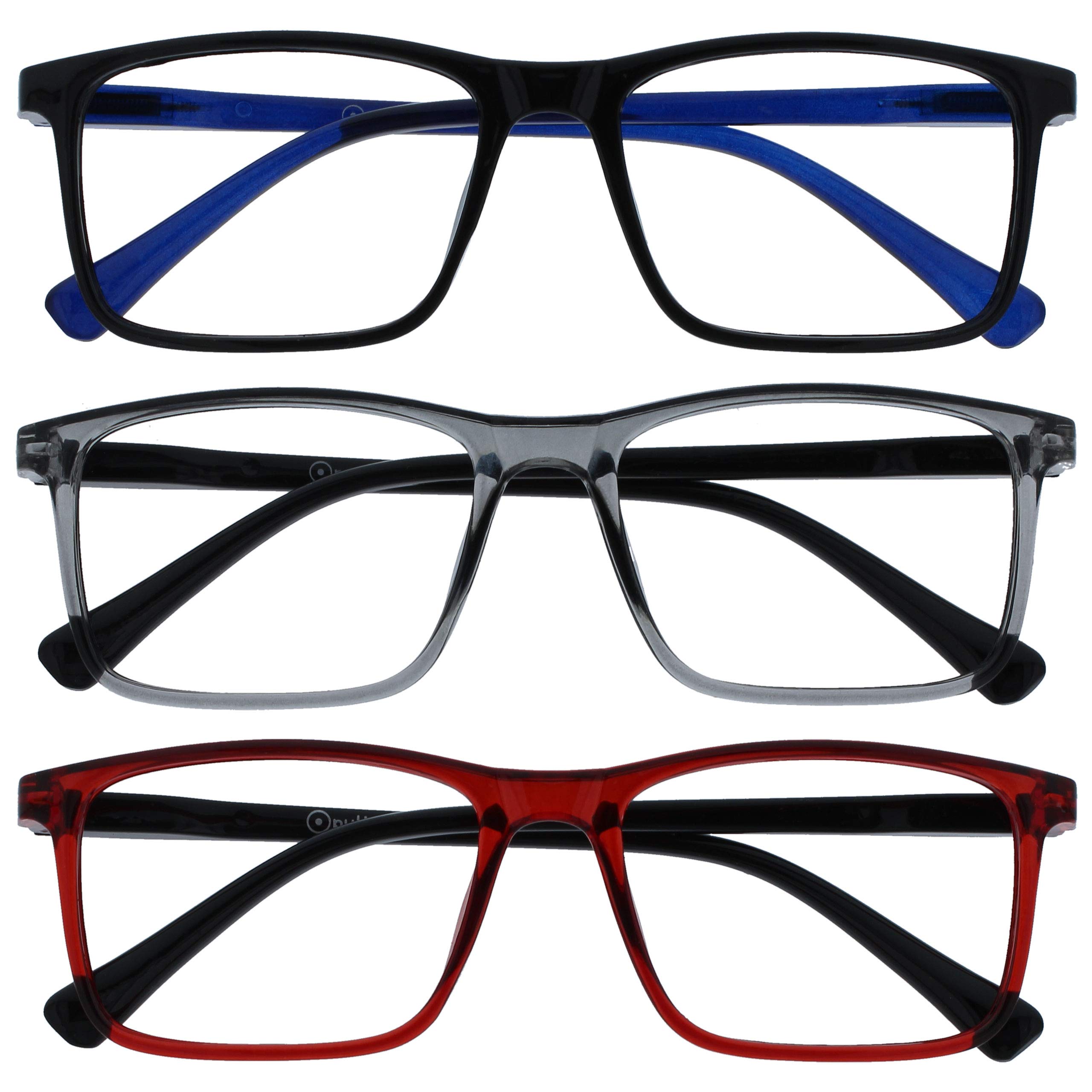 OPULIZE INK Reading Glasses -3 Pack- Large Rectangular Frame - Spring Hinges - Scratch Resistant - Black Grey Red - Mens Womens +1.00 — image 1