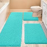 ACCUMTEK Upgrade Extra Large Teal Green Bathroom Rug Set 3 Pieces Ultra Soft, Thick Absorbent Bath Mats, Non Slip Chenille Toilet Mat for Bathroom, Bedroom, Kitchen, Turquoise