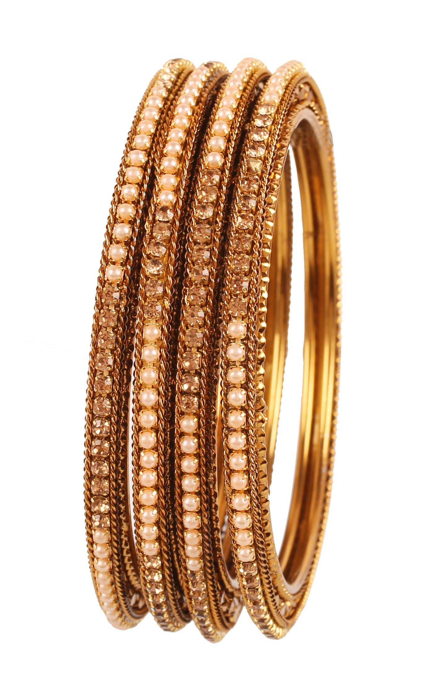 Touchstone New Indian Bollywood Traditional Style Fine Workmanship Faux Pearls Yellow Rhinestone Designer Jewelry Bracelets Bangle Set of 4 in Antique Gold Tone for Women. — image 1