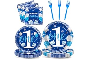 Wiooffen Boy 1st Birthday Party Tableware Set, Blue, 96 Pcs, 24 Guests, Paper Plates, Napkins, Forks