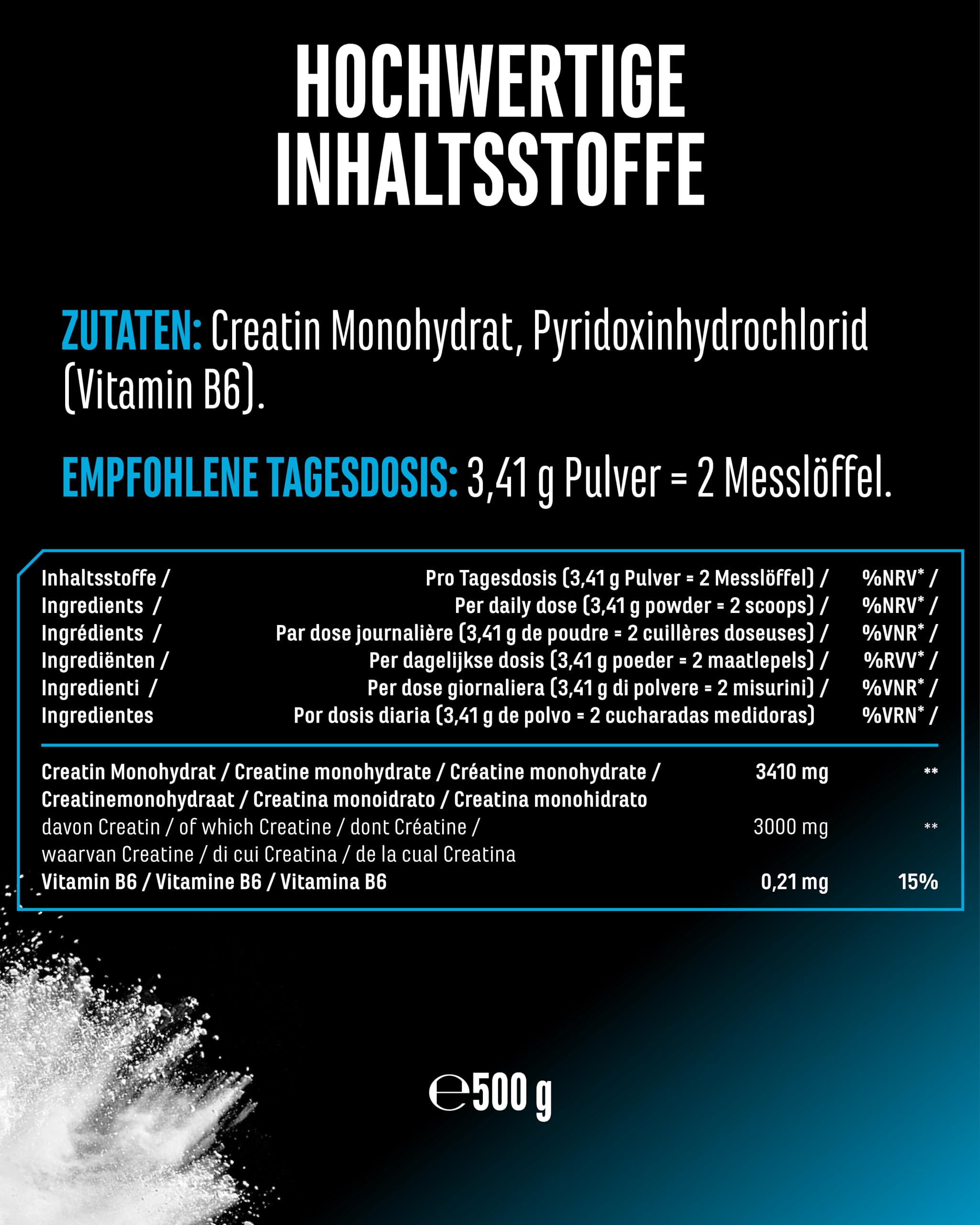 Creatin Monohydrat Pulver 500 g - Mikrofeines Kreatin Monohydrat, sehr gut löslich und hochdosiert - Ohne unnötige Zusätze - Vegan 5