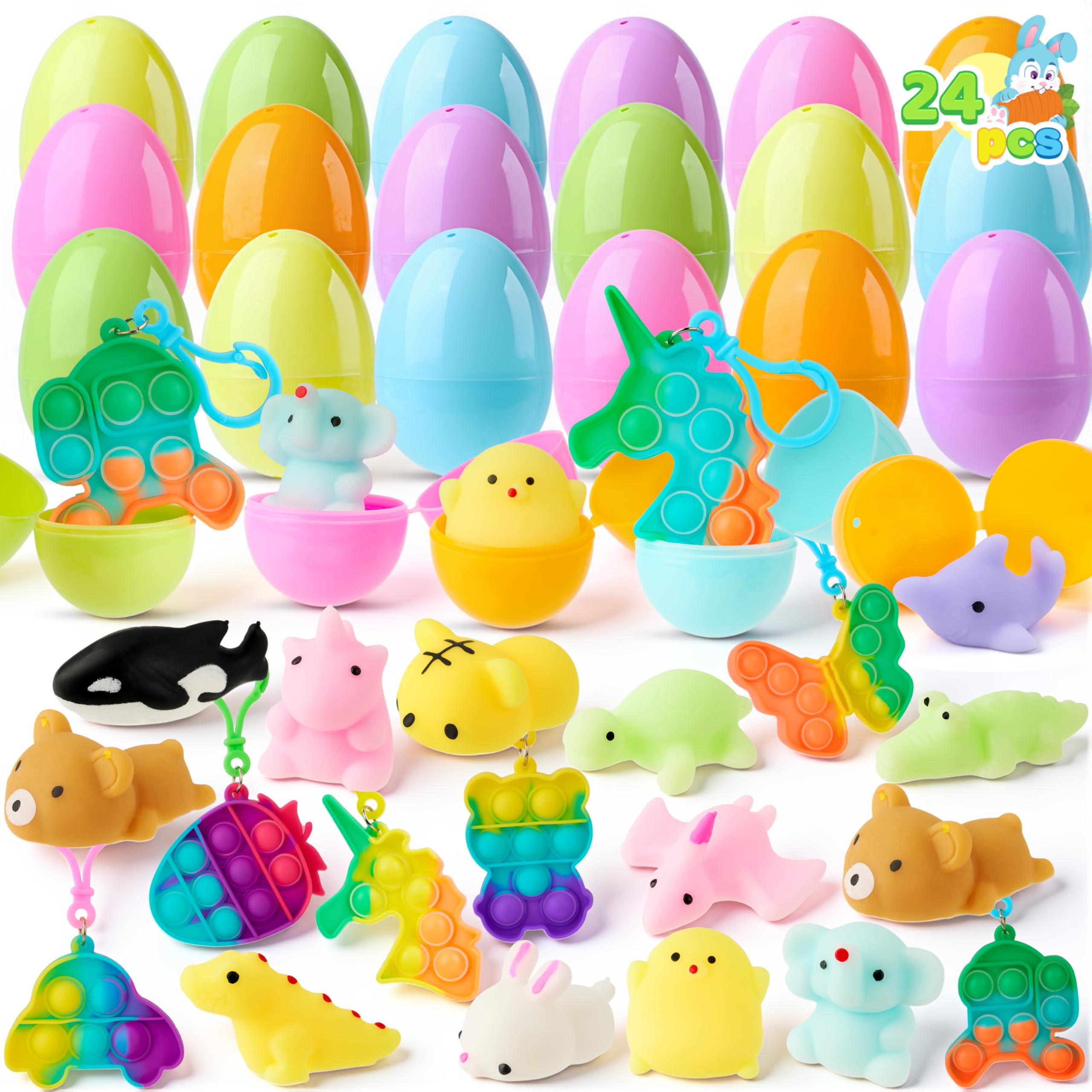 JOYIN 24 Pcs Prefilled Easter Eggs with Assorted Toys, Filled with Mochi and pop Bubble Keychains, Easter Stuffed Toys for Kids to Egg Hunt, Kids Basket Stuffers, Party Favor, Classroom Prize
