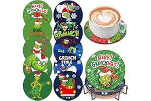 SOEWIOU 10 Pcs Christmas Diamond Painting Coasters Diamond Art Coasters with Holder, DIY Xmas Diamond Painting Kits for Adults & Beginners, Xmas Diamond Art Kits Craft Supplies