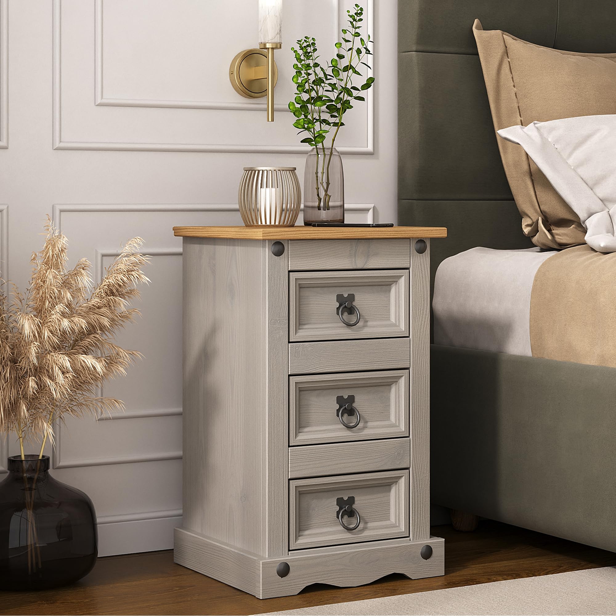 Corona Grey Wax 3 Drawer Bedside Table - Mexican Pine