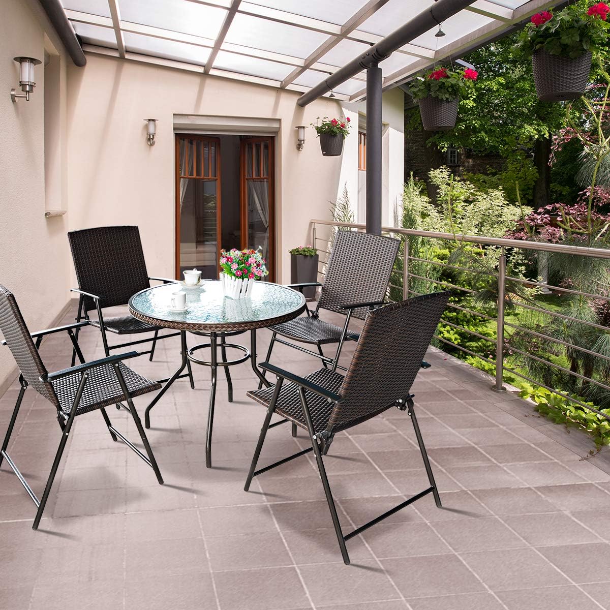 Tangkula 4 PCS Folding Patio Chair Set Outdoor Pool Lawn Portable Wicker Chair with Armrest & Footrest Durable Rattan Steel Frame Commercial Foldable Stackable Party Wedding Chair Set (24X23X37): Kitchen & Dining