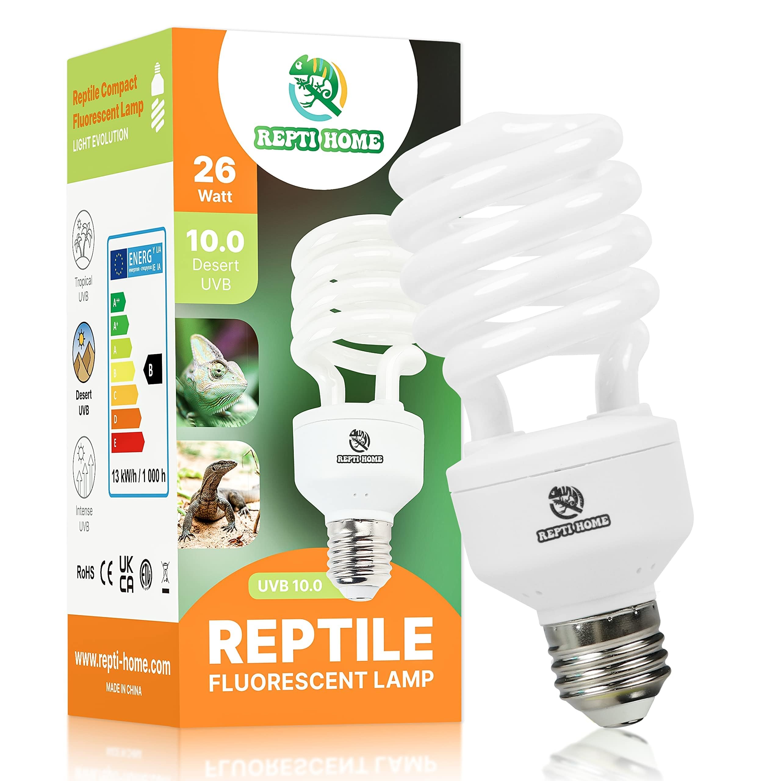 REPTI HOME Reptile UVB Light Bulb 26W, UVA UVB 10.0 Fluorescent Lamp Bulb, Vivarium UVB Light Reptile Kit for Tortoise,Lizard,Bearded Dragon