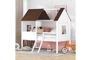 BELLEMAVE House Bed for Kids,Low Loft Bed Frames Twin Size,Wood Toddler House Bed with Two Side Windows and Roof for Kids/Teens/Girls/Boys,White