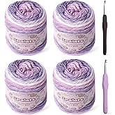 Ombre Yarn for Crocheting, Purple Gradient Cake Yarn for Knitting Blankets | 4 Pack 962 Yds, 14 Oz 60% Cotton 40% Acrylic Variegated Yarn with 2 Crochet Hooks Baby Blanket for Knitting Sweater, Blankets