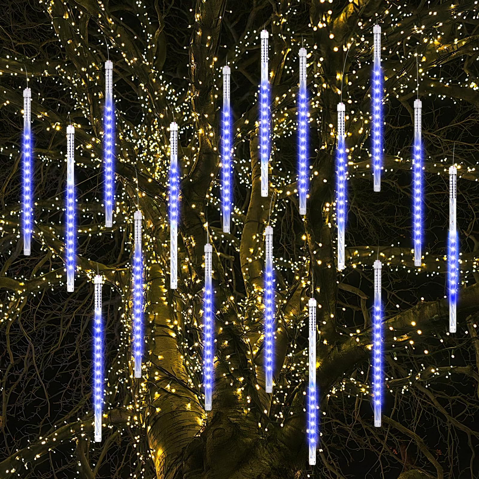 Vikdio Christmas Lights Outdoor, Meteor Shower Lights 16 Spiral Tubes 30cm 480 LEDs 5.25m Lit Length, Waterproof Snowfall Icicle Lights for Outdoor Xmas Decoration Party Tree Window (Blue)