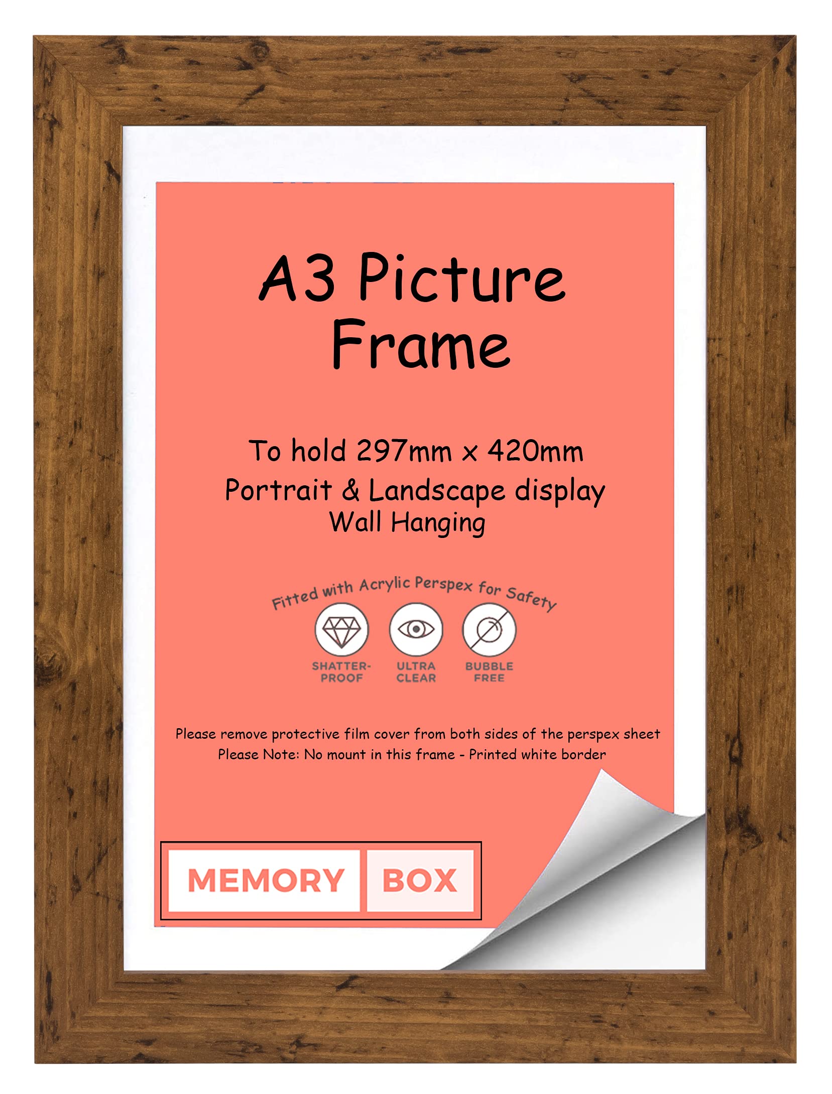 Wrapped MDF Picture/Photo/Poster frame with Perspex Sheet - Moulding 30mm Wide and 15mm Deep - (16.05" x 11.75") (29.7 x 42cm) Rustic A3