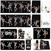 Irenare 16 Pcs Halloween Kitchen Decor Set, Cheerful Skeleton Pumpkin | 4 Kitchen Towels 4 Placemats 2 Floor Mats 2 Gloves 2 Heat Resistant Pot Holders 2 Curtains, Home Decor