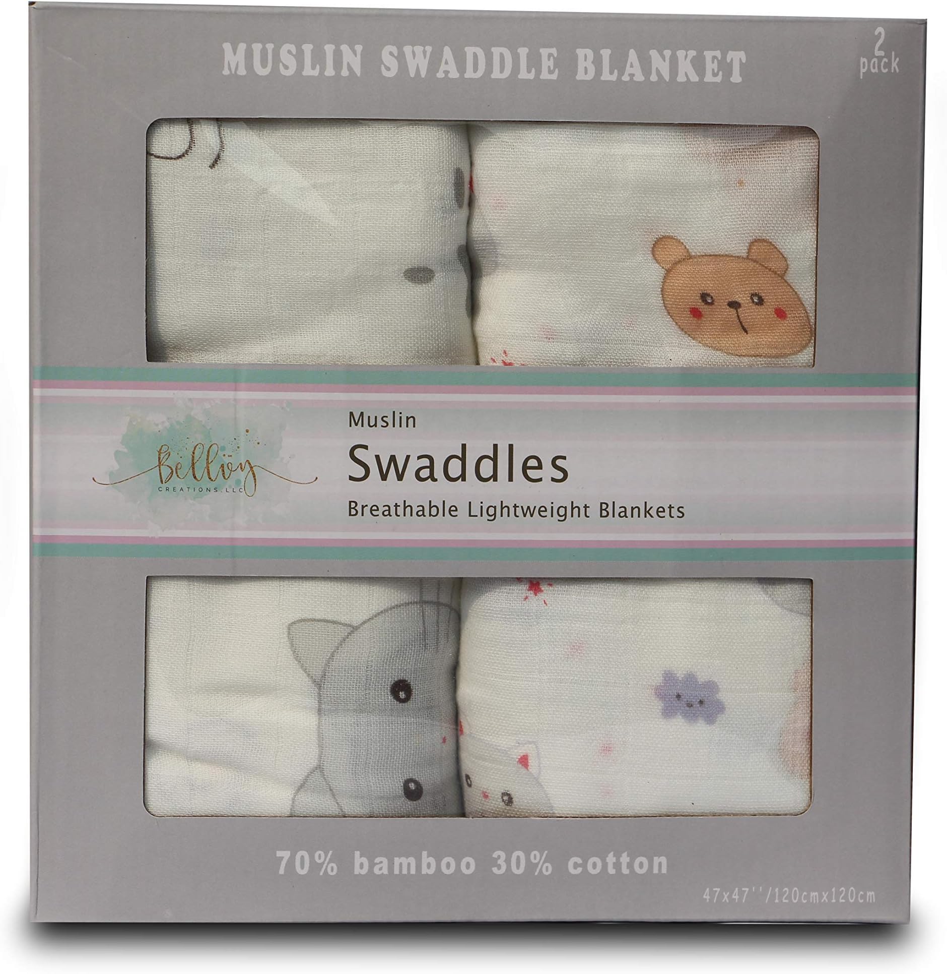 Muslin Swaddle Blankets | 2-Pack Organic Bamboo Muslin Cotton Swaddle Wrap | Receiving Blanket for Newborns | 70/30 Bamboo Cotton Blend | Baby Shower Gift | Large by Bellvy Creations