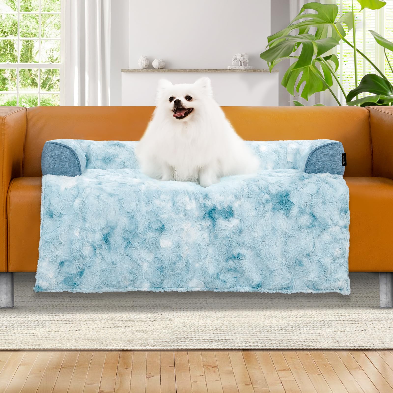 Photo 1 of blunique Calming Dog Couch Bed for Medium Dogs/Cats, 35 x 31 inch Waterproof Removable Dogs Mat Couch Cover for Furniture Protector, Non-Slip Fluffy Pelsbarn Dog Bed for Couch, Sofa - Tie-Dye Blue