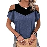 Hilinker Women's Cut Out Cold Shoulder Tops Summer Color Block Short Sleeve Sexy Shirts