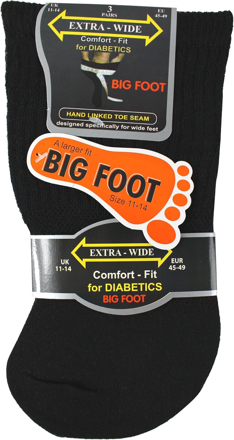 Mens Black Extra Wide Big Foot Comfort Fit Diabetic Socks (3 Pair Pack