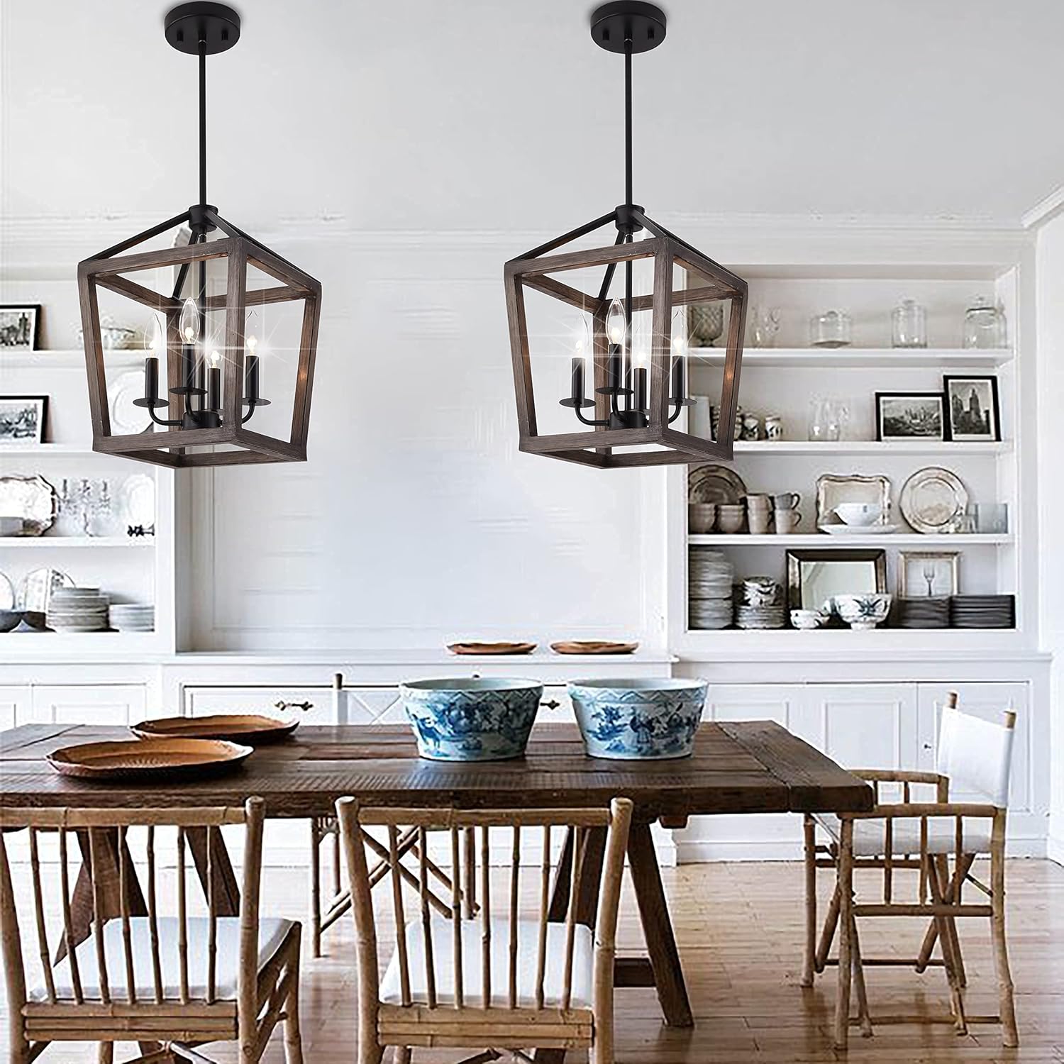 4-Light Chandelier Rustic Metal Pendant Light, Adjustable Height Lantern Hanging Light with Wood Finish, Farmhouse Lighting Fixtures for Living Room, Kitchen, Hallway and Entryway. - - 