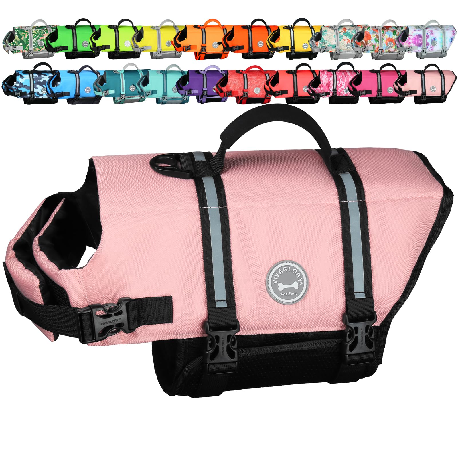 VIVAGLORY Rip Stop Dog Life Jacket, Buoyancy Aid with Handle, Buoyancy for Doggy, Dog Life Jacket for Swimming & Boating, L, Sakura Pink