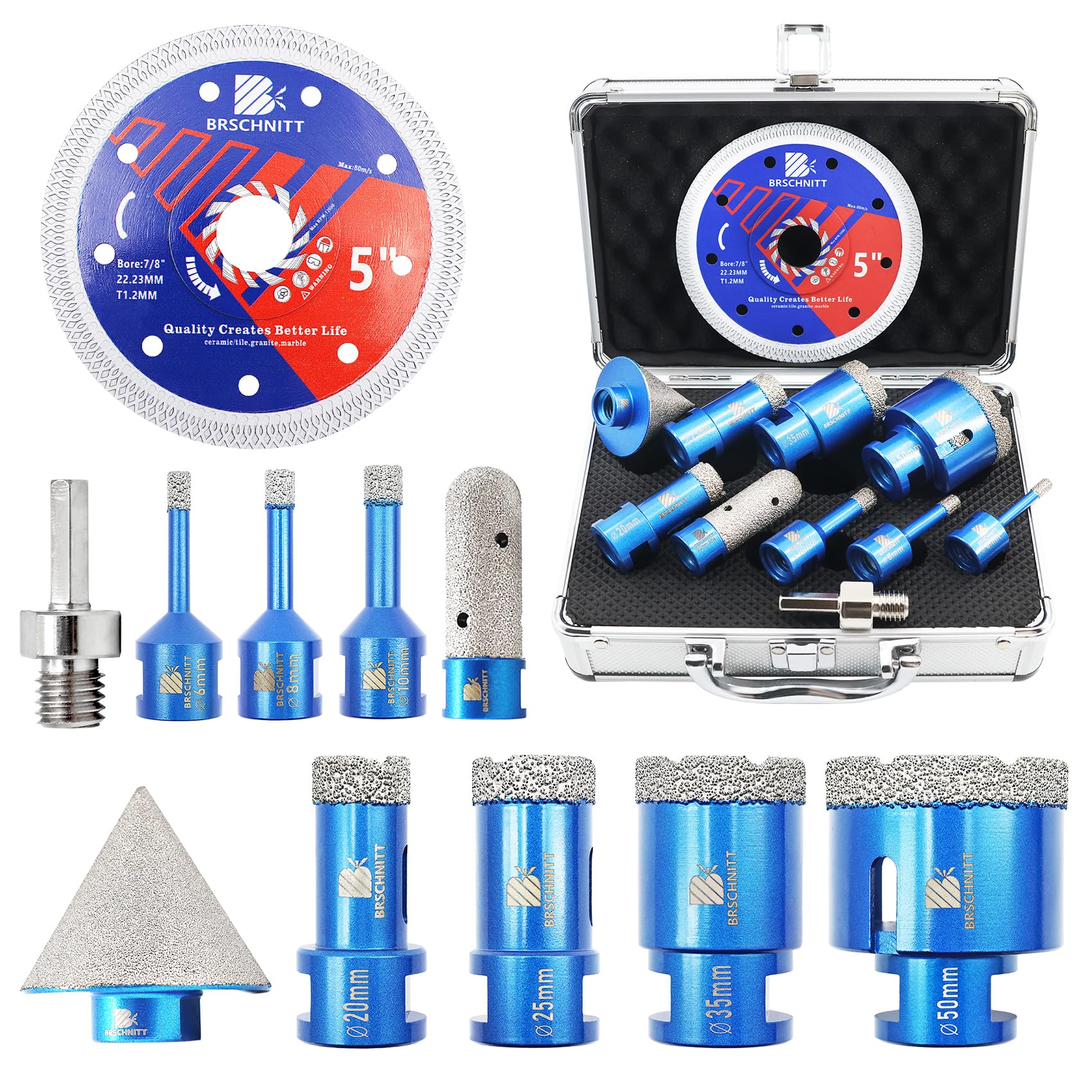 BRSCHNITT Diamond Tile Hole Cutter for Porcelain Ceramic Marble Granite Drilling, 6/8/10/20/25/35/50mm Chamfer bit & Finger bit with M14 Thread & Adapter — image 1