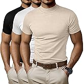 Ficerd 3 Pack Men's Turtle Neck Shirts, Short Sleeve Mock Turtleneck T Shirts Knitted Slim Fit Basic Undershirt Tops, Medium