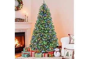 Hykolity 7.5 ft Prelit Christmas Tree, Artificial Christmas Tree with 450 Color Changing LED Lights, 1450 Tips, Metal Stand and Hinged Branches, 10 Color Modes