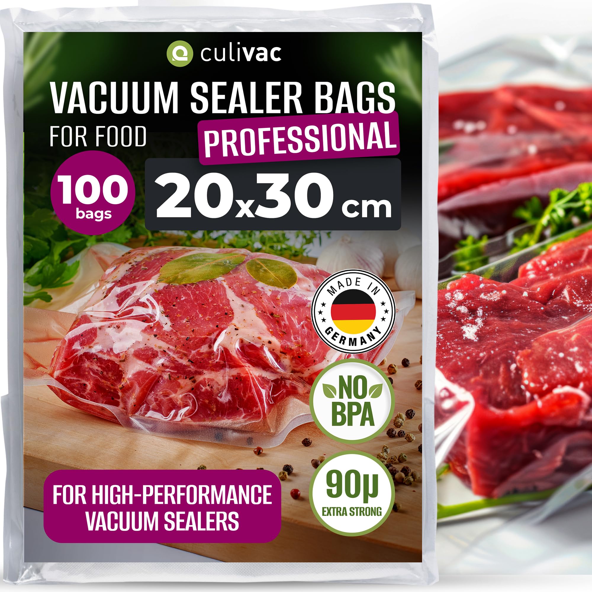 culivac Vacuum Sealer Bags Professional – Sous Vide Bags – Vacuum Bags Food – BPA-Free Embossed Food Vacuum Bags – Vacuum Seal Bags – Pre-Cut – 100 Pack – 20x30cm