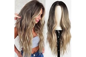 KOME Long Ombre Blonde mixed Brown Highlight Wavy Wig for Women,Middle Part Curly Wavy Wig, Natural Looking Synthetic Heat Resistant Fiber Wig for Daily Party Use 26IN