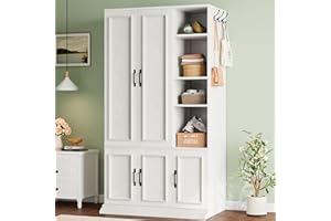 LIKIMIO Armoire Wardrobe Closet 70" H, 5 Doors Bedroom Wooden Wardrobe with 4 Storage Shelves and Hanging Rod, Clothing Storage Cabinet Organizer Combination, White
