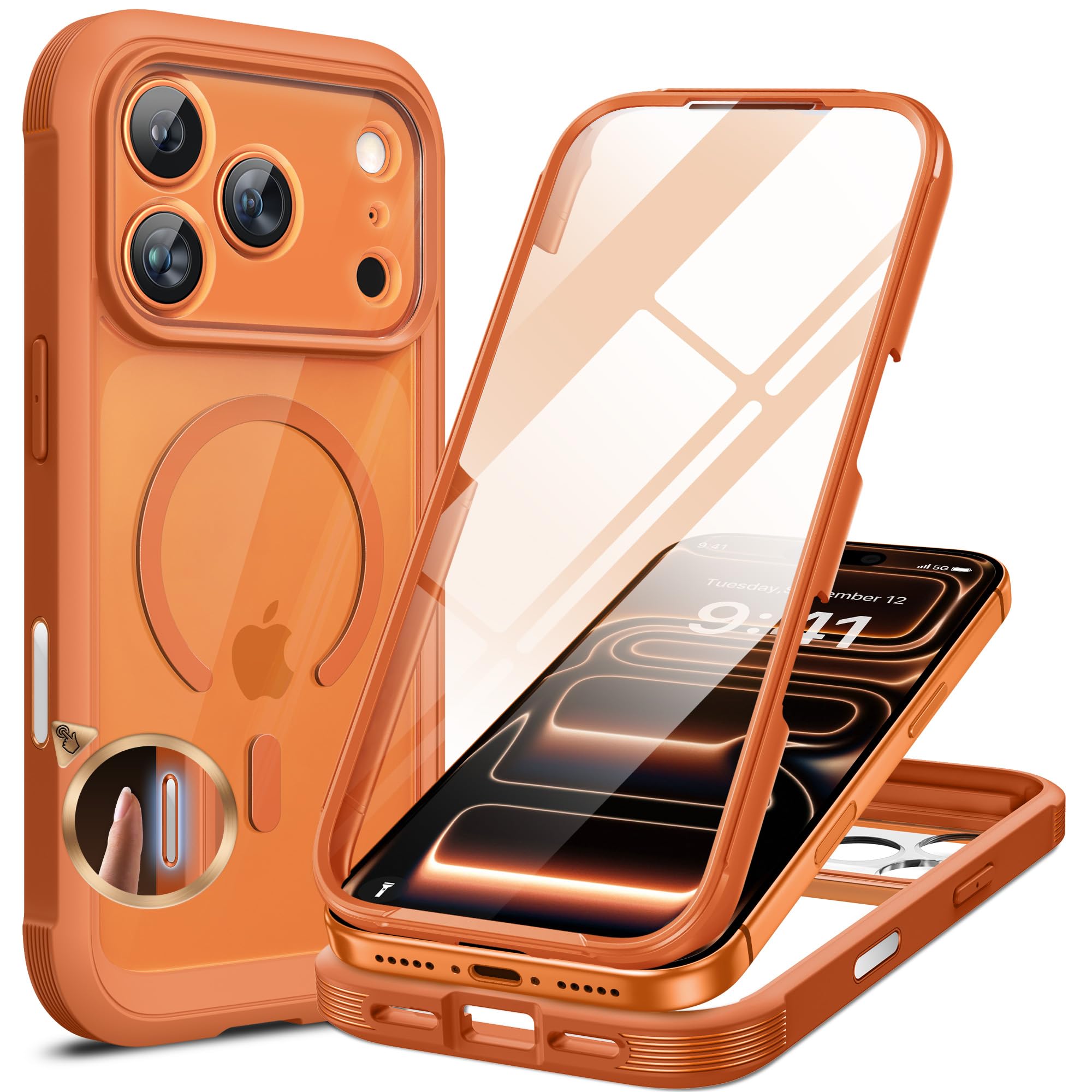 Photo 1 of Miracase Magnetic for iPhone 17 Pro Case 6.3" [Compatible with MagSafe] Full-Body Phone Case with Built-in Glass Screen Protector & Camera Control,Drop Proof iPhone 17 Pro Cover, Orange