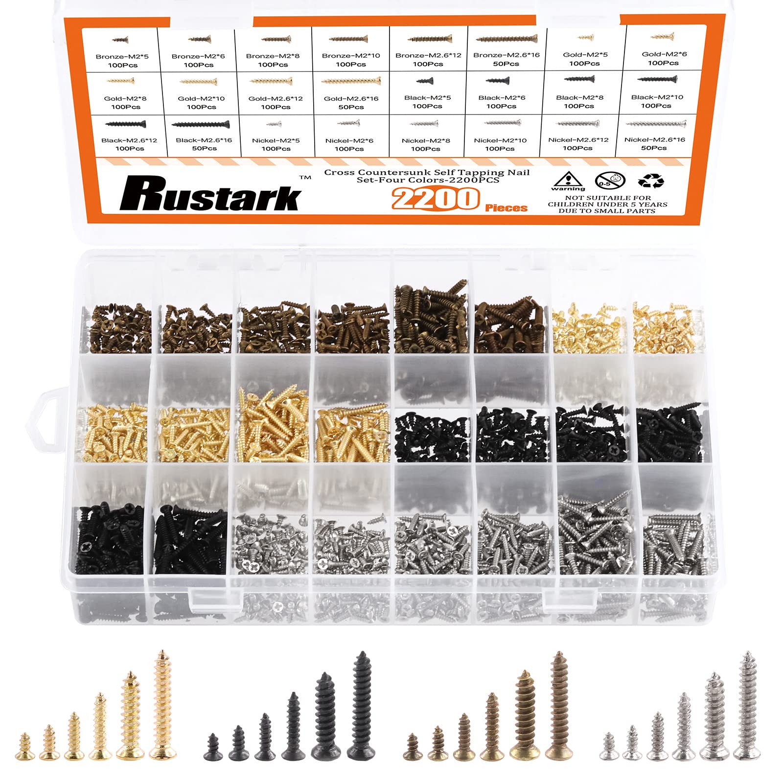 Rustark 2200Pcs M2 M2.6 Flat Head Phillips Cross Small Wood Screws Tapping Screws Electronic Screws Assortment Kit 5mm 6mm 8mm 10mm 12mm 16mm Tapping Screws Small Metric Micro Screw Set
