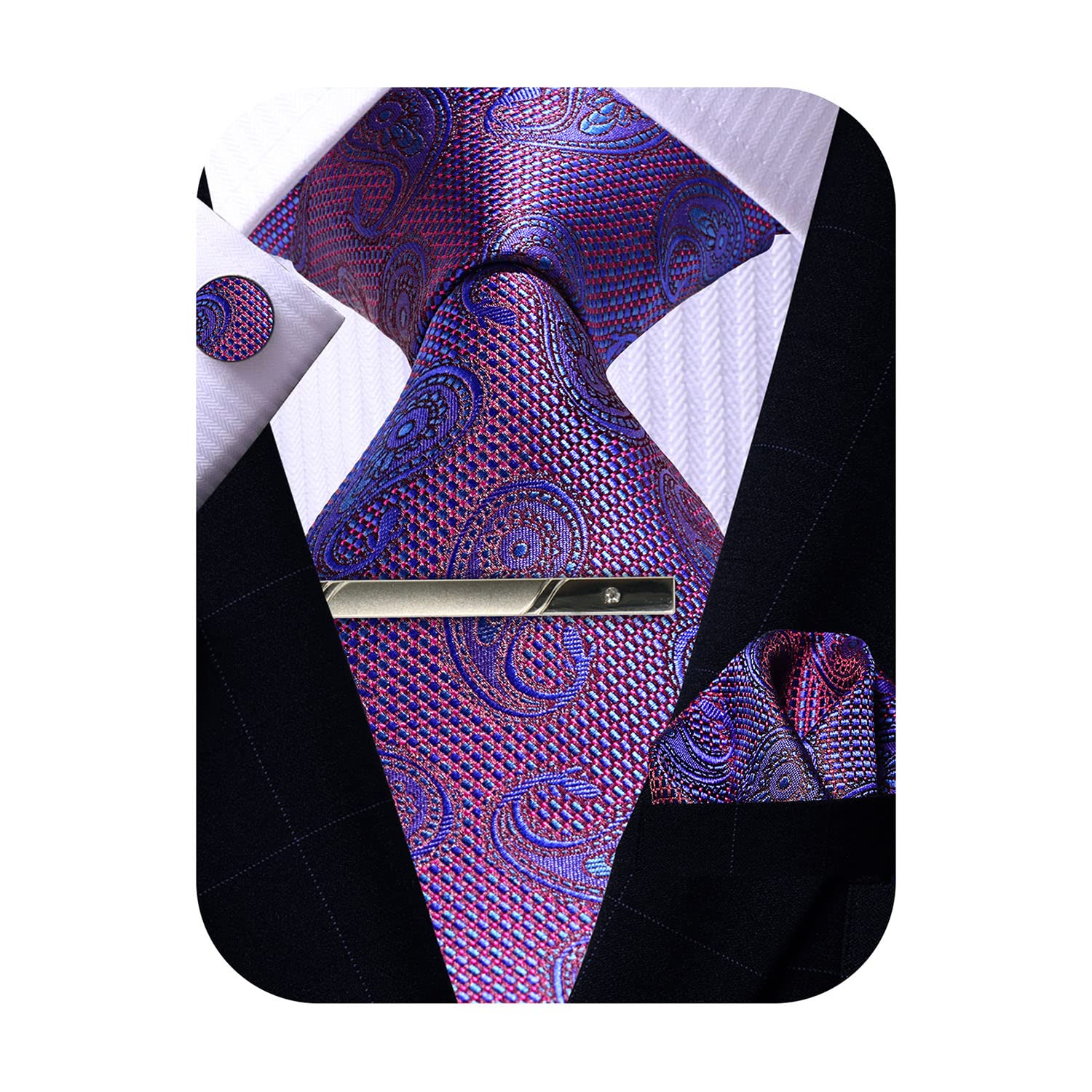 Photo 1 of ROBERTO GABBANI Mens Paisley Silk Tie and Pocket Square Cufflinks Clip Set, Designer Woven Necktie Set for Wedding Business Prom