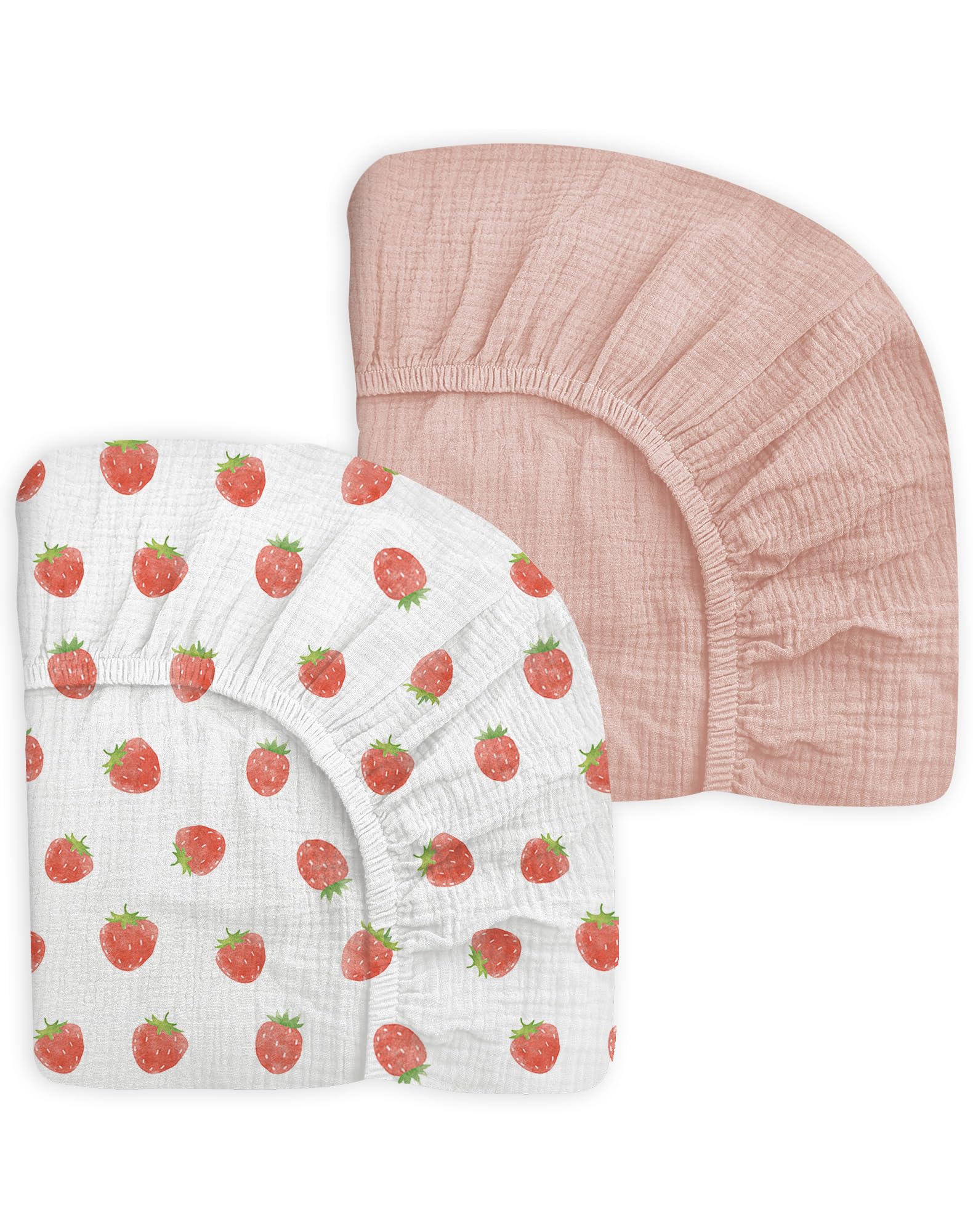 Photo 1 of Mini Crib Sheets for Baby Boy Girl 2 Pack, Neutral Mini Crib Mattress Sheet 24" x 38", Muslin Nursery Bedding Soft and Breathable Comfort (Strawberry & Pale Pink)
