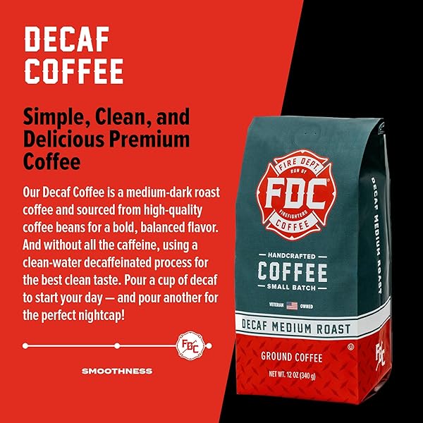 FIRE DEPARTMENT COFFEE – GIVES BACK TO FIREFIGHTERS – PREMIUM DECAF GROUND COFFEE – ROASTED IN THE USA – DECAFFEINATED USING NATURAL MOUNTAIN WATER – VETERAN OWNED – 12 OZ