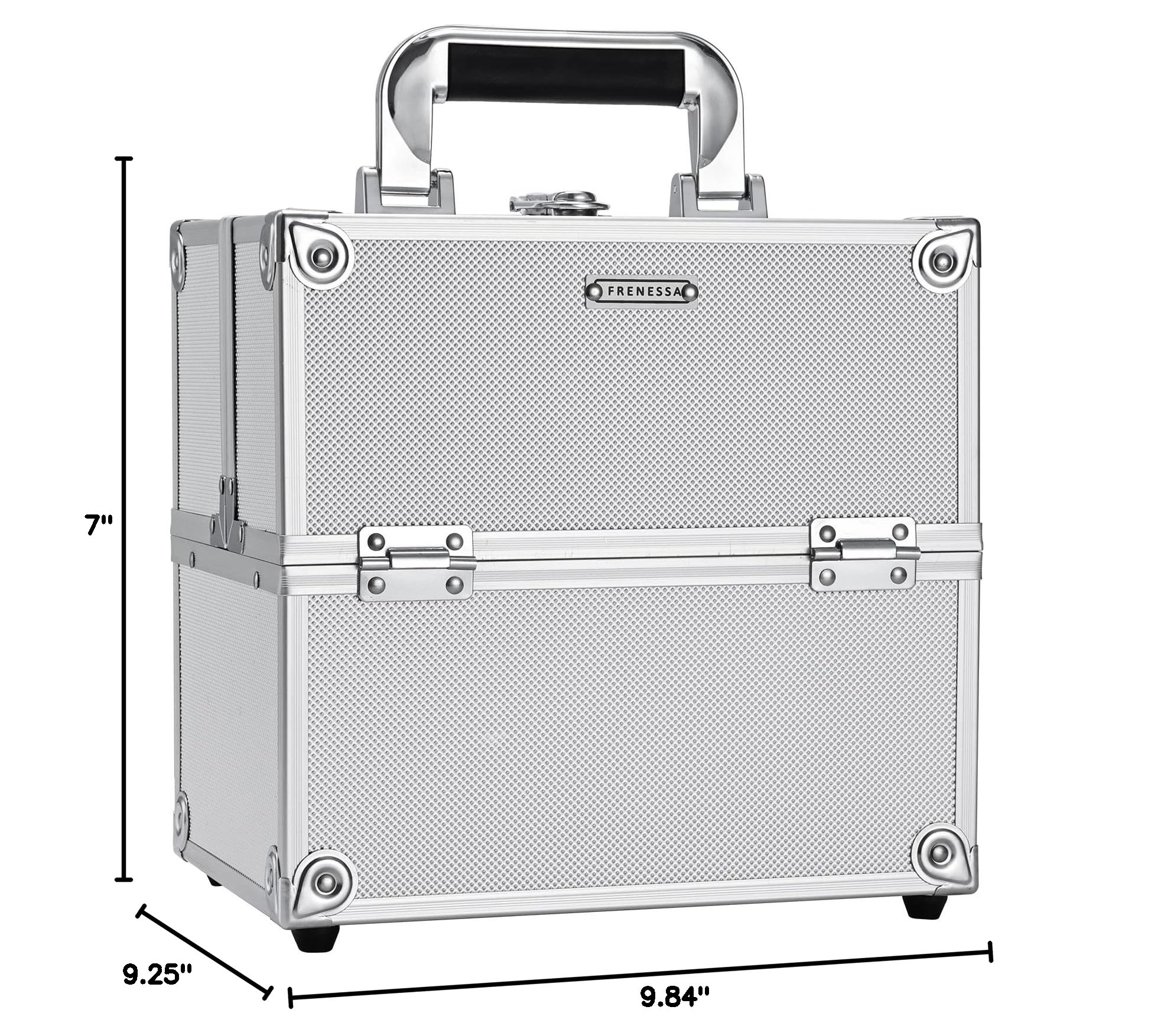 FRENESSA Makeup Train Case Makeup Organizer Box Portable Cosmetic Travel Case with Lock 4 Trays Aluminum Hard Vanity Box Make Up Artist Nail Beauty Storage Organizer Cosmetic Suitcase Bright Silver