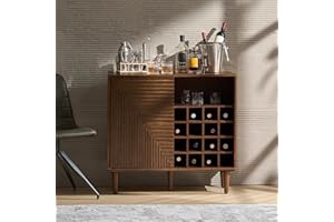 HULALA HOME Coffee Bar Cabinet with Wine Racks, Sideboard Storage Cabinet with Adjustable Shelves, Mid-Century Modern Sideboard Wine Bar Buffet for Living Dining Room, Walnut