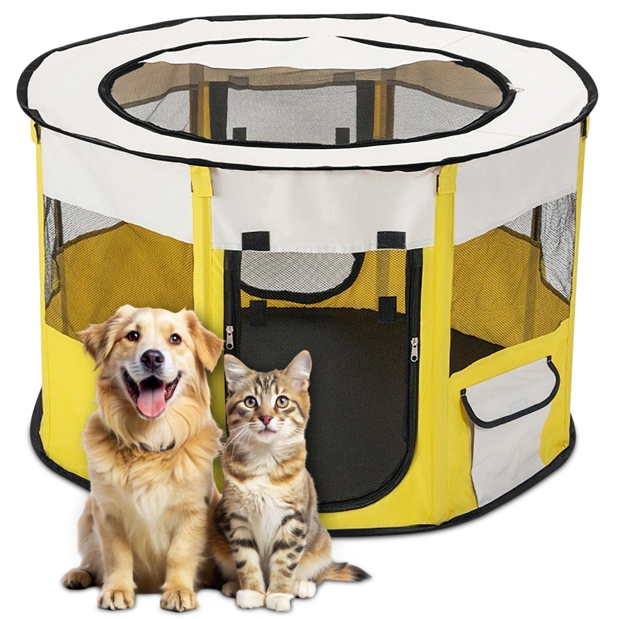 ALLSOPETS Cat Playpen for Dog, Foldable Pet Play Pen for Indoor Outdoor Use, Portable Dog Cat Crate Tent for Puppies Kittens, Pop-Up Pet Cage for Travel Camping (Yellow, M)