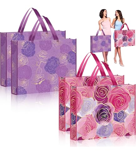 PerKoop 4 Pcs Extra Large Gift Bags 20 x 16 Inch Jumbo Mother's Day Purple Flower Bag Reusable Non Woven Gift Bags for Mother's Day Women's Birthday Bridal Showers Wedding