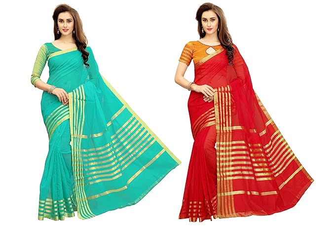 Womens Cotton Silk Saree Combo Pack of 2 (Multicolored)