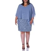 J Kara Women's Plus Size Caplet Short Cocktail Beaded Dress, Dusty Blue/Blue/Silver, 18W