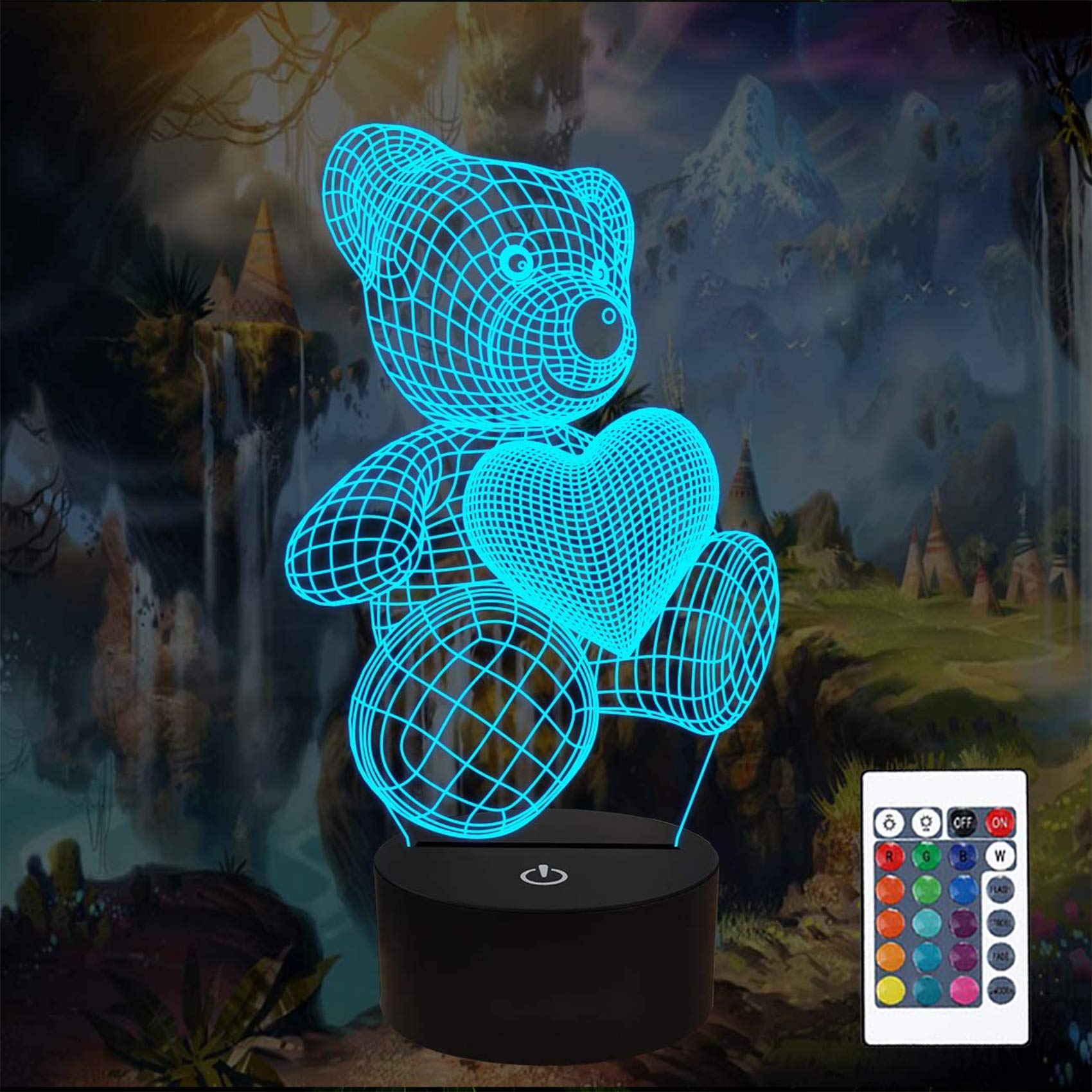 Bear Gifts 3D Night Light, Optical Illusion Teddy Heart Lamp Cute Nightlight Remote Control 16 Colors Changing Bedroom Decor Birthday Christmas Gifts Ideal for Girl Kids Baby
