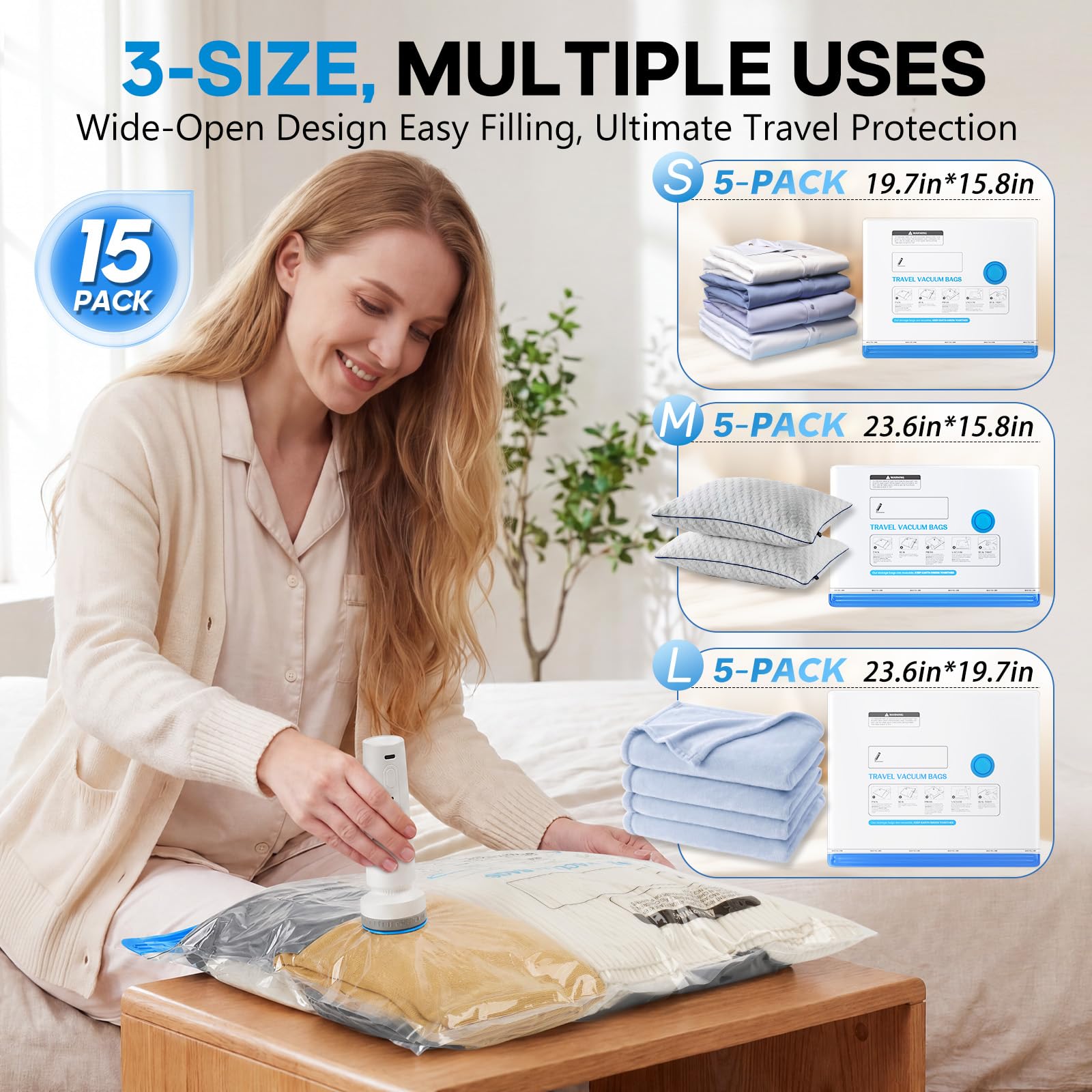 Condition photo showing New/Like New for 15 pack vacuum storage bags for travel with rechargeable cordless pump, space saver bags for clothes