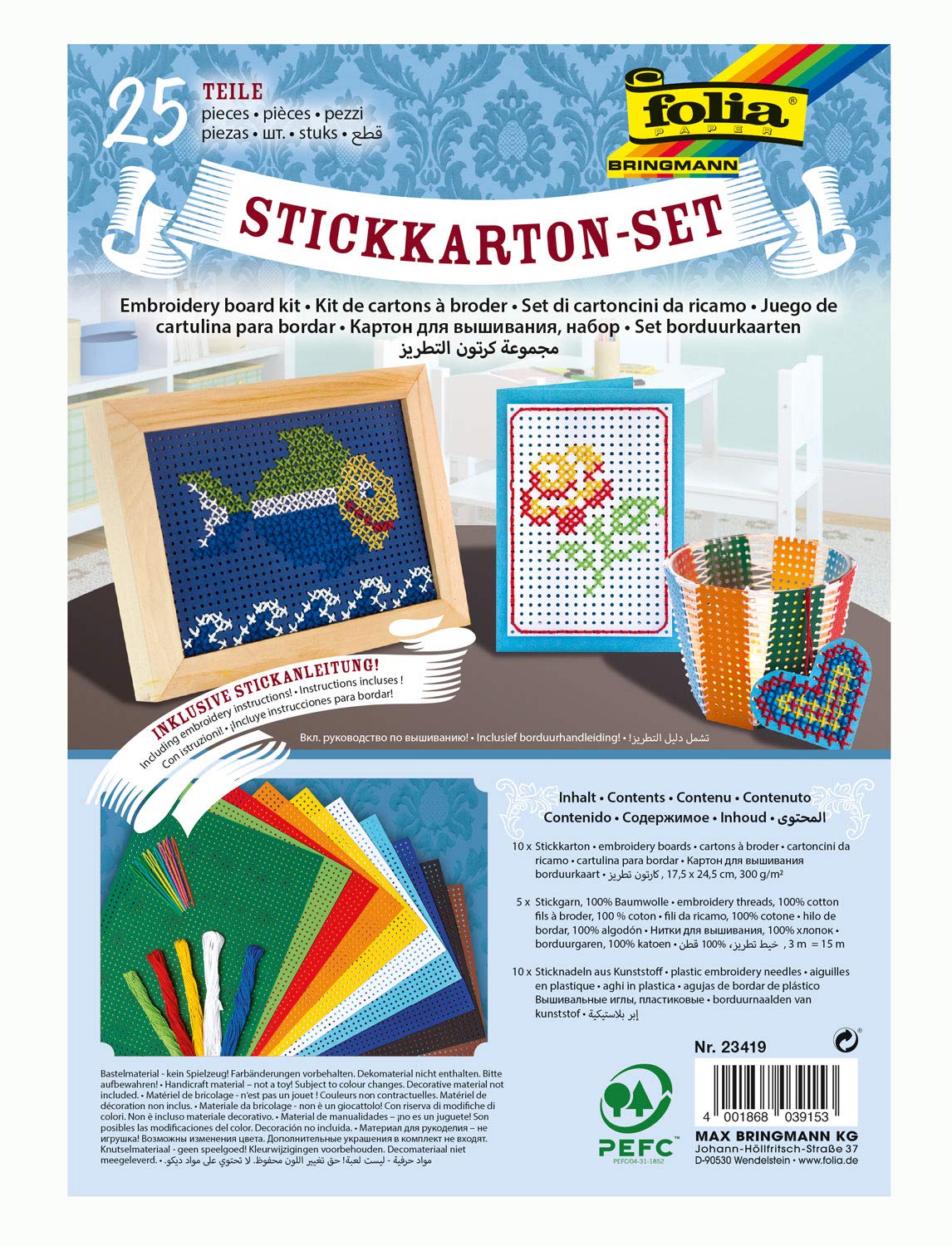 folia 23419 Embroidery Card Set, 25 Pieces, with Embroidery Cardboard, Embroidery Needles, Embroidery Thread and Instructions (English language not guaranteed)